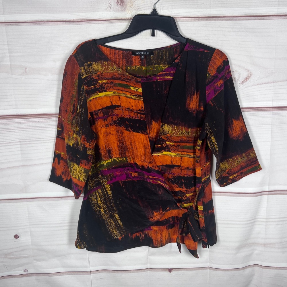 Lafayette 148 Top Womens 12 Multicolor Silk Faux Wrap Side Tie Abstract Print